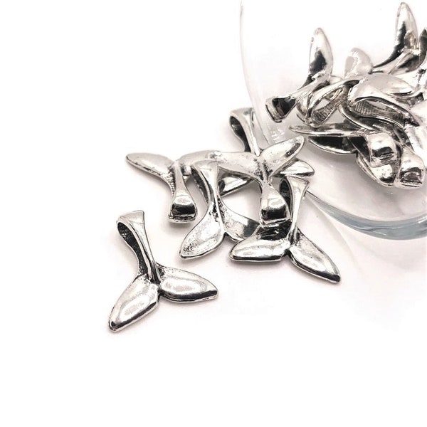 4, 20 or 50 BULK Silver Whale Tail Charms, Fluke Charm, Beach, Ocean, Double Sided, 16x17mm | Ships Immediately from USA | AS414