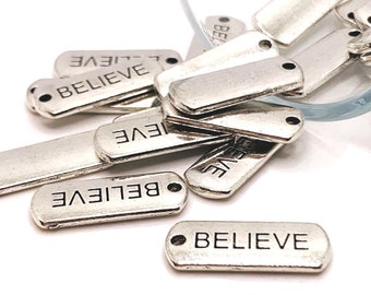 4, 20 or 50 BULK Believe Bar Tags, Antique Silver Word Charm, 21x8mm | Ships Immediately from USA | AS168