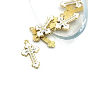 1, 4, 20 or 50 BULK White Enamel Cross Charms, Pink and Gold, Christian Catholic | Ships Quickly from USA | WH1816