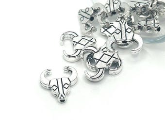 4, 20 or 50 BULK Silver Cattle Skull Decorative Spacer Bead Charms, Double sided, 14mm | Ships Immediately from USA | AS1278