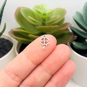 May include: Silver four-leaf clover charm with a loop for attaching to a necklace or bracelet.