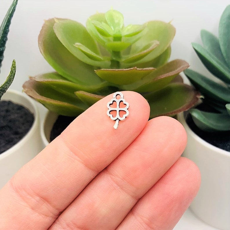 May include: Silver four-leaf clover charm with a loop for attaching to a necklace or bracelet.