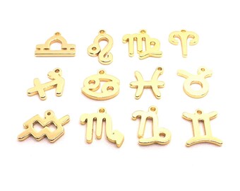 12 or 60 BULK Gold 304 Stainless Steel Zodiac Signs, Astrology Birth Set, Gold Charms | Ships Immediately from USA | SS1036
