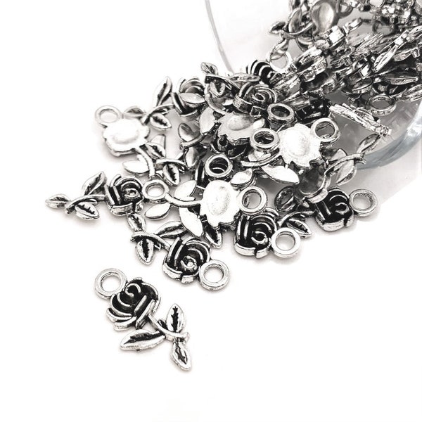 4, 20 or 50 BULK Rose Charms, Antique Silver Flower, Small Rose, Floral, 21mm | Ships Immediately from USA | AS094
