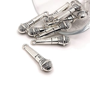 4, 20 or 50 BULK Microphone Charms, Silver Singer Charm, Music Charm, 3D, Double Sided, 7x27mm | Ships Immediately from USA | AS297
