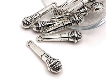 4, 20 or 50 BULK Microphone Charms, Silver Singer Charm, Music Charm, 3D, Double Sided, 7x27mm | Ships Immediately from USA | AS297