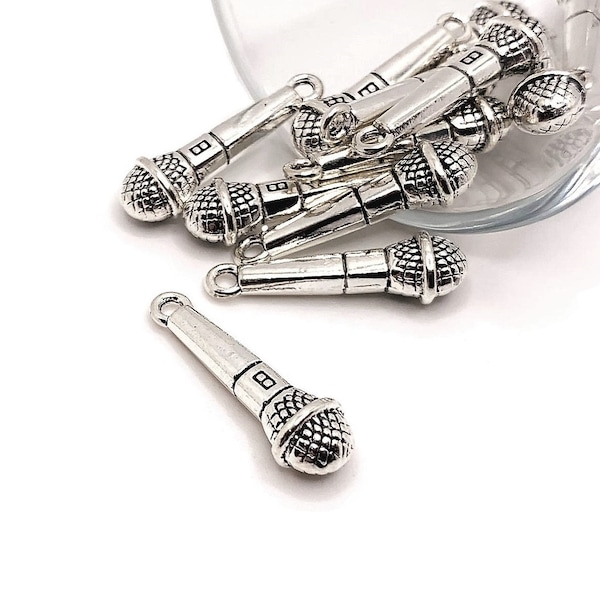 4, 20 or 50 BULK Microphone Charms, Silver Singer Charm, Music Charm, 3D, Double Sided, 7x27mm | Ships Immediately from USA | AS297