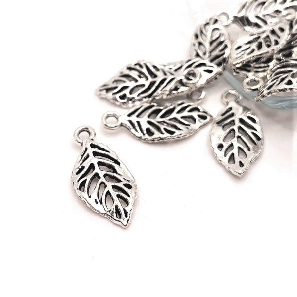 4, 20 or 50 BULK Tiny Antique Silver Tree Leaf Charms, Double Sided, 9 x 20mm | Ships Immediately from USA | AS358