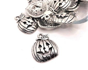 4, 20 or 50 BULK Silver Jack O Lantern Charms, Pumpkin Charm, Halloween, 16x18mm | Ships Immediately from USA | AS411