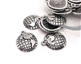 4, 20 or 50 BULK Silver Earth Charms, Globe Charm, Planet, World, 15x17mm | Ships Immediately from USA | AS446