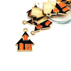 4, 20 or 50 BULK Enamel Haunted House Charms, Gold and Orange, Halloween, Goth, Trick or Treat| Ships Immediately from USA | BK1167