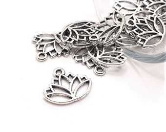 4, 20 or 50 BULK Silver Lotus Flower Charms, Yoga Charm, Double Sided, 16x14mm | Ships Immediately from USA | AS415