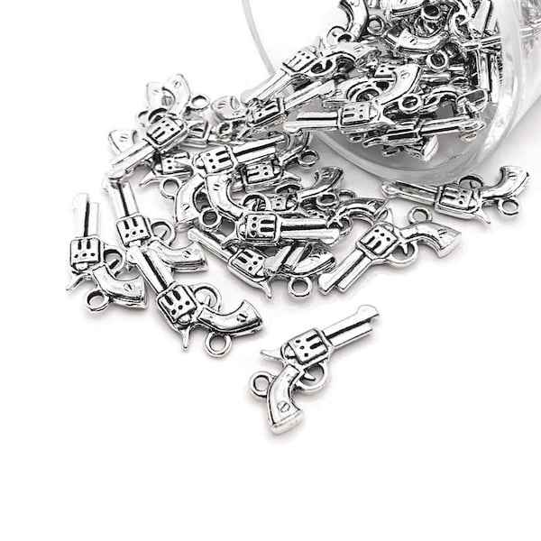 4, 20, or 50 BULK Six Shooter Gun Charms, Antique Silver, NRA, Revolver, Police, Cowboy | Ships Immediately from USA | AS071