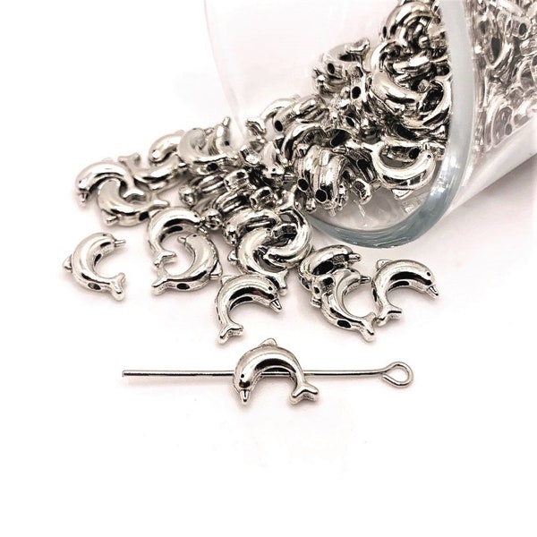 4, 20 or 50 BULK Silver 3D Dolphin Decorative Bead Charms, Double sided | Ships Immediately from USA | AS1257