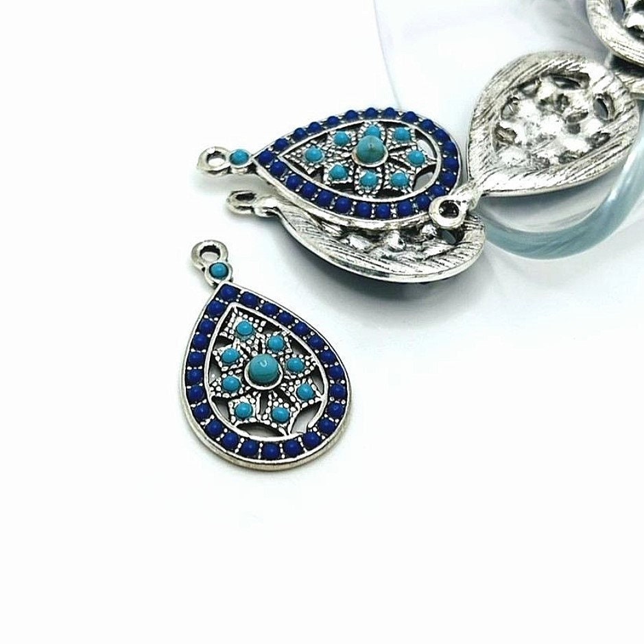 4, 20 or 50 BULK Blue Teardrop Boho Mandala Pendant Charms, Boho Charm | Ships Immediately from USA | BL1240