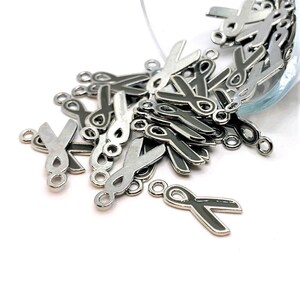 4, 20 or 50 BULK Gray Ribbon Charms, Asthma, Diabetes Awareness Ribbon, 20x9mm | Ships Immediately from USA | GA067