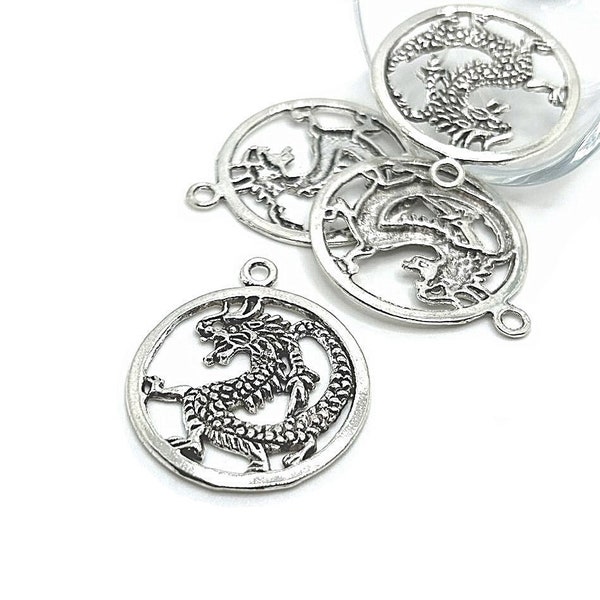 4, 20 or 50 BULK Chinese Dragon Pendant Charms, Dynasty, Lucky Silver Charm, Chinese New Year, 32x38mm | Ships Immediately from USA | AS1107