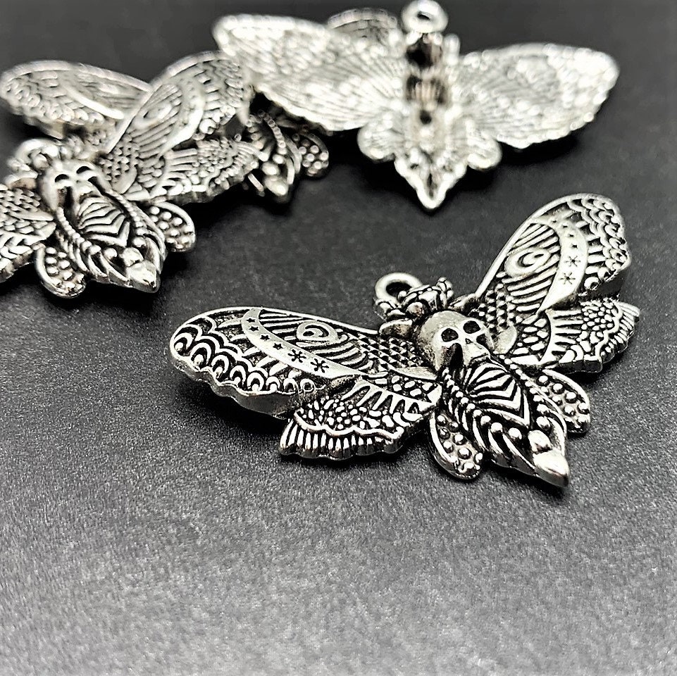 JKJF 20 Ciondoli Vintage A Forma Di Falena E Teschio In Metallo - Argento Anticato Per Gioielli Fai Da Te - 3