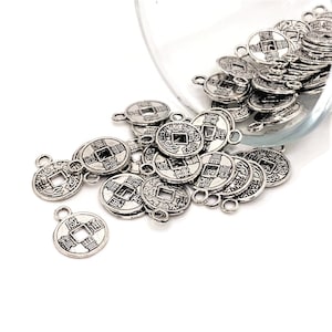 4, 20 or 50 BULK Chinese Coin Charms, Dynasty, Lucky Silver Charm, Double Sided, 12x10mm | Ships Immediately from USA | AS205
