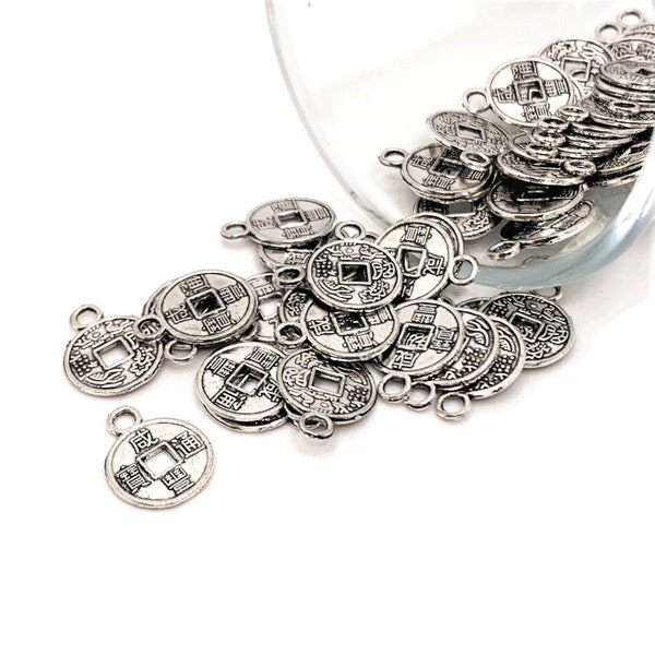 4, 20 or 50 BULK Chinese Coin Charms, Dynasty, Lucky Silver Charm, Double Sided, 12x10mm | Ships Immediately from USA | AS205