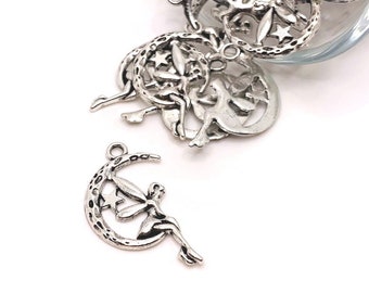 4, 20 or 50 BULK Fairy on Moon Charms, Silver Sprite Charm, 15x25mm | Ships Immediately from USA | AS311