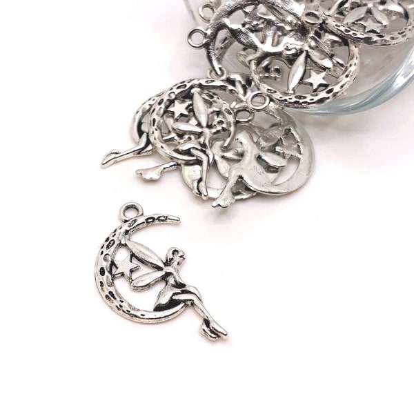 4, 20 or 50 BULK Fairy on Moon Charms, Silver Sprite Charm, 15x25mm | Ships Immediately from USA | AS311