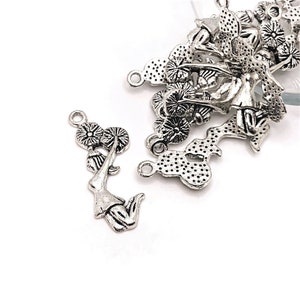 4, 20 or 50 BULK Silver Cheerleader Charms, Cheer leader, Pom Poms, 10x25mm | Ships Immediately from USA | AS256