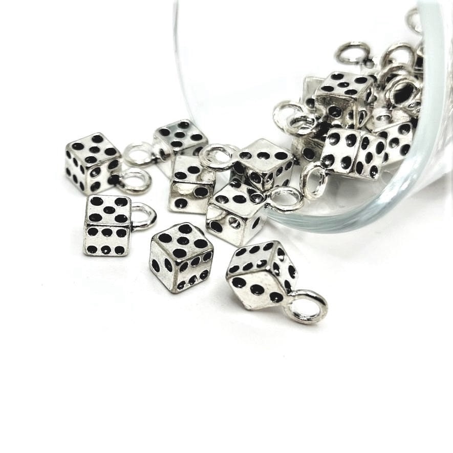 4, 20 or 50 BULK Dice Charms, Silver Game Charm, Las Vegas Gambler