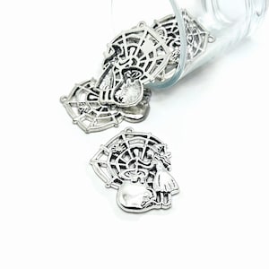 4, 20 or 50 BULK Large Silver Witch with Spider Web and Cauldron Pendant, Halloween Charm, 33x40mm | Ships Immediately from USA | AS1043