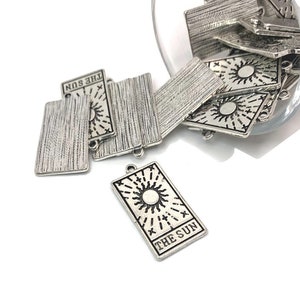 1, 4, 20 or 50 BULK Silver Tarot Sun Card Charms, Tarot Charm, Wicca, Mystic, 15x28mm | Ships Immediately from USA | AS1486