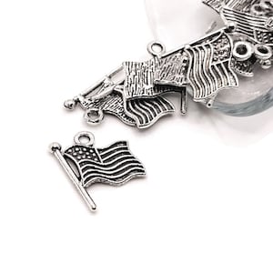 4, 20, or 50 BULK Silver American Flag Charm, 4th of July, USA, Patriot, 18x15mm | Ships Immediately from USA | AS635