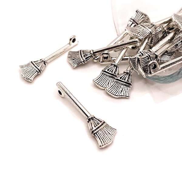 4, 20 or 50 BULK Silver Broom Charms, Wizard Charm, Halloween, Witch, 3D, 28x10mm | Ships Immediately from USA | AS481