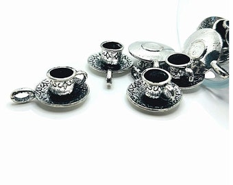 4, 20 or 50 BULK Silver Cup and Saucer Charms, 3D Cup, Teacup, Coffee Mug Charm, 26x19mm | Ships Immediately from USA | AS449