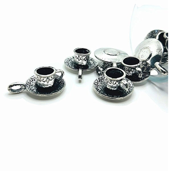 4, 20 or 50 BULK Silver Cup and Saucer Charms, 3D Cup, Teacup, Coffee Mug Charm, 26x19mm | Ships Immediately from USA | AS449