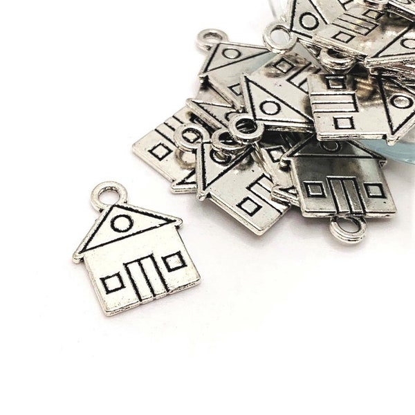 4, 20 or 50 BULK Silver House Charms, Flat House Charm, Double Sided, 16x12mm | Ships Immediately from USA | AS338