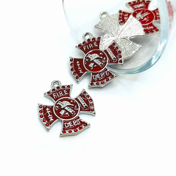 1, 4 or 20 BULK Red and Silver Fire Department Charm, Enamel Charm, First Responder Charm | Ships Immediately from USA | RD254