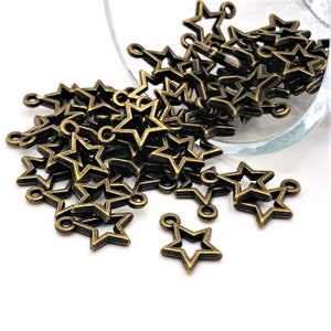 4, 20 or 50 BULK Bronze Star Charms, Open, Double Sided Celestial, Small Star Charm, 12mm | Ships Immediately from USA | BR151