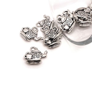 4, 20 or 50 BULK Silver Teapot Charms, Alice in Wonderland, Mad Matter, Double Sided, 13x15mm | Ships Immediately from USA | AS531