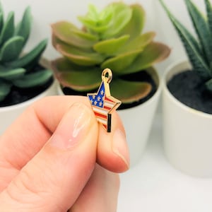 May include: Gold-colored star charm with an enamel American flag design. The star is about 1 inch in size.