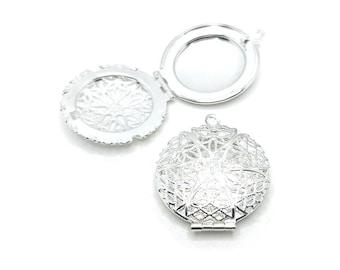 4, 20 or 50 BULK Bright Silver Plated Filigree Lockets, Aromatherapy, Essential Oil Diffuser, 27mm | Ships Immediately from USA | SL618