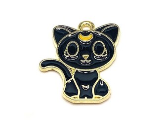 1, 4, 20 or 50 BULK Black Enamel Halloween Cat, Witch Cat, Crescent Moon, Halloween Charm | Ships Immediately from USA | BK1200