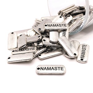 4, 20 or 50 BULK Namaste Word Tag Charms, Antique Silver Yoga Charms, Buddhism Peace Pendant, 21 x 8mm | Ships Immediately from USA | AS040