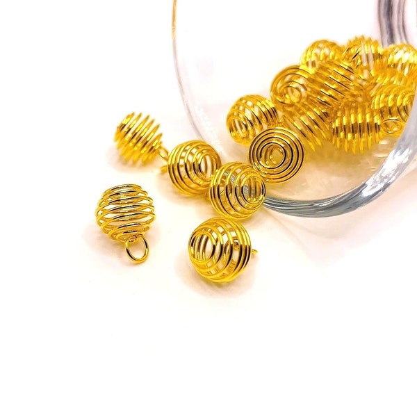 4, 20 or 50 BULK Gold Spiral Bead Cages, Captive Bead Charm, 8mm | Ships Immediately from USA | GL589