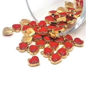 4, 20 or 50 BULK Gold and Red Enamel Tiny Heart Charms, 7x8mm | Ships Immediately from USA | RD146