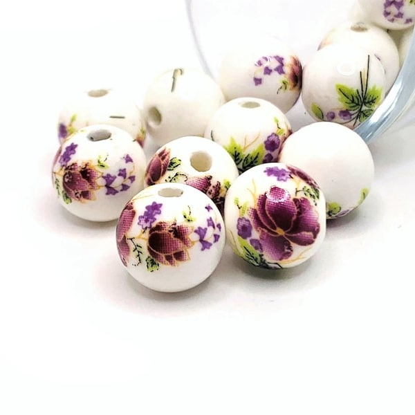 4, 20 or 50 BULK Flower Beads, Purple and White Ceramic Bead, Vintage, 12mm | Ships Immediately from USA | PR243