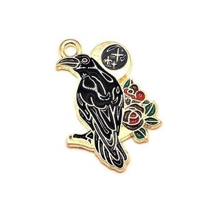 1, 4, 20 or 50 BULK Black Raven Crow Bird with Rose Charms, Halloween, Goth, 17 x 26 mm| Ships Immediately from USA | EN1339