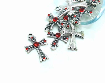 4, 20 or 50 BULK Antique Silver Small Cross Charms with Red Rhinestones, Cross Pendant, Religious Charm | Ships Immediately from USA | RD003