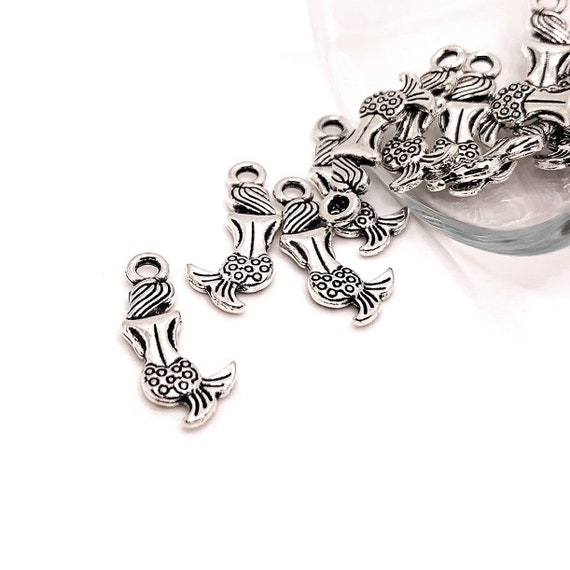 4, 20 or 50 Bulk Silver Mermaid Charms, Ocean, Beach, Vacation, Double Sided, 10x21mm | Ships Immediately from USA | AS495