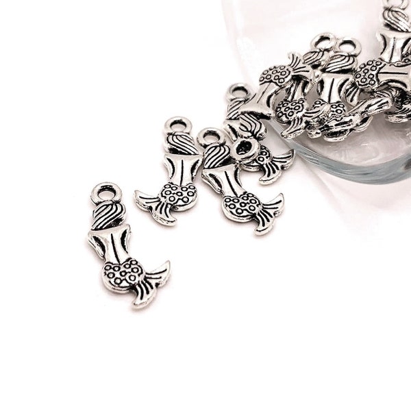 4, 20 or 50 BULK Silver Mermaid Charms, Ocean, Beach, Vacation, Double Sided, 10x21mm | Ships Immediately from USA | AS495