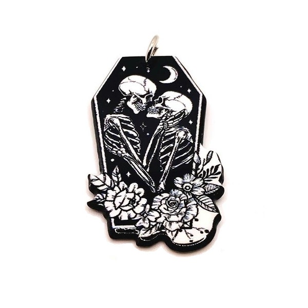 1, 4 or 20 BULK Black Skeleton Lovers in Coffin Charms, Goth Lovers, Love is Eternal - Double Sided | Ships Immediately from USA | BK1551